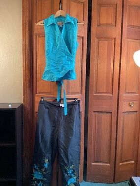 Blue shirt and Black pants embroidered pants